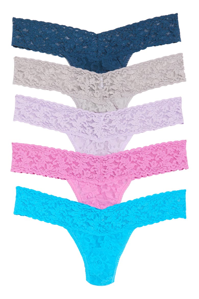 5-Pack Low Rise Lace Thongs, Main, color, NOR/ STEEL/ BERRY/ BLUE/ LAVDR