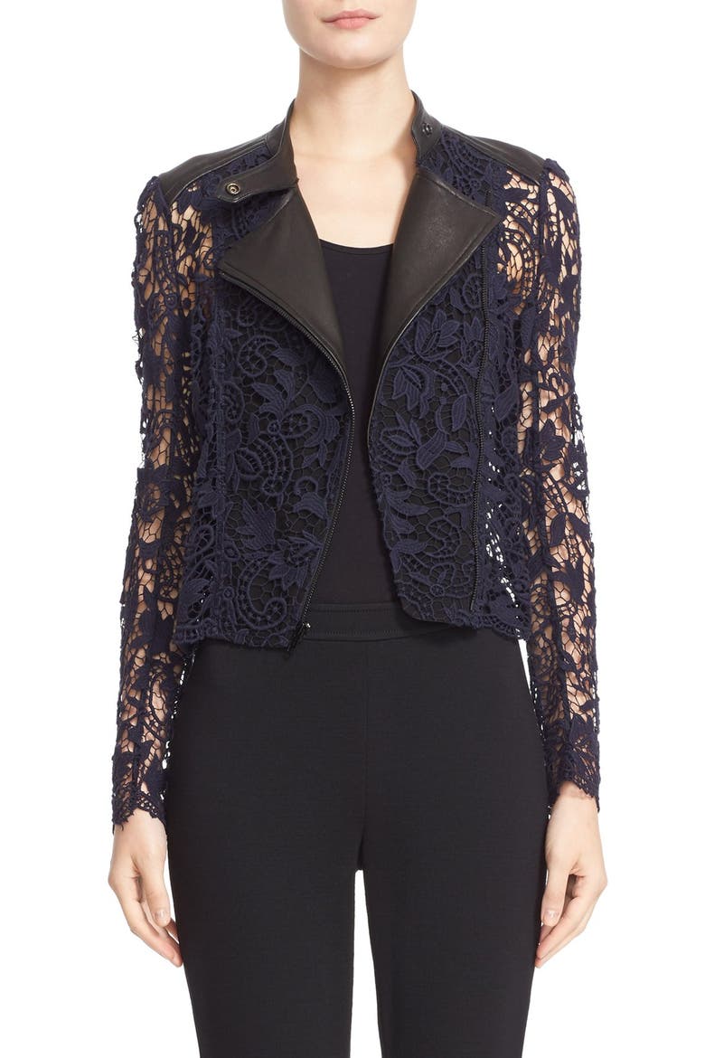 Guipure Lace & Lambskin Leather Moto Jacket, Main, color, MIDNIGHT MULTI