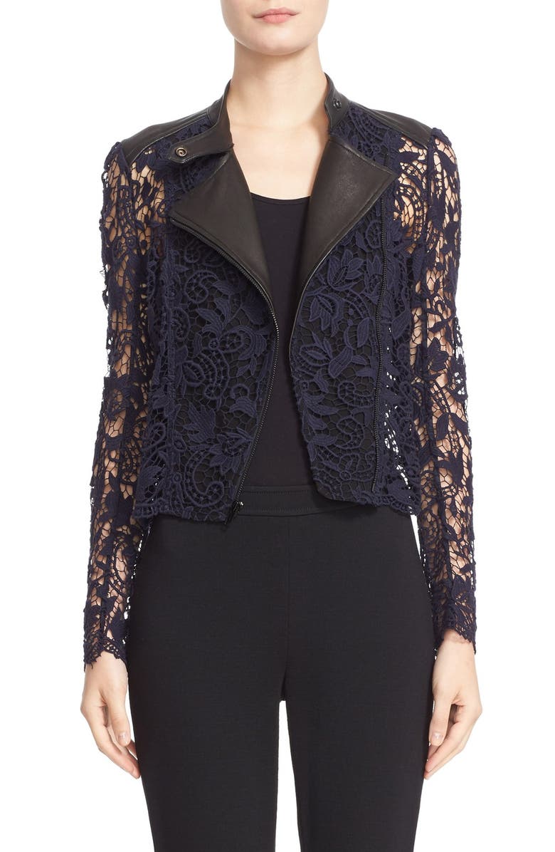 Yigal Azrouël Guipure Lace & Lambskin Leather Moto Jacket, Main, color, 