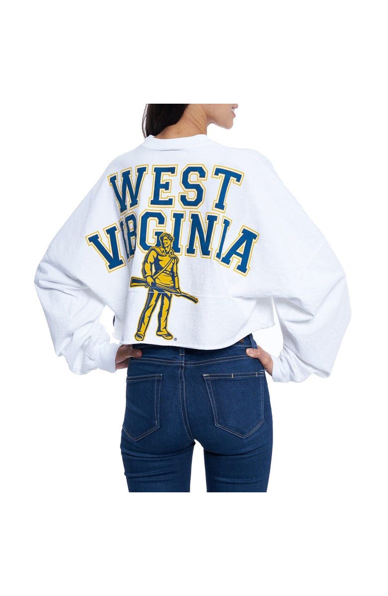 SPIRIT JERSEY Women's White West Virginia Mountaineers Raw Hem Cropped Spirit Jersey Long Sleeve T-Shirt, Alternate, color, 