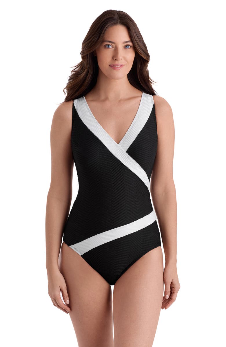 Longitude Pide Side Shirred Surplice Long Torso One-Piece Swimsuit, Main, color, Texture Luxe