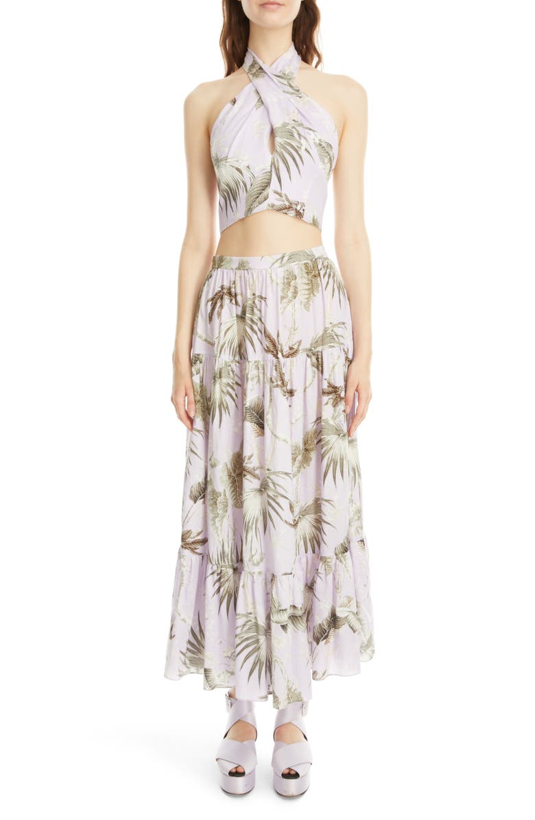 Erdem Luna Palm Print Crop Cotton Poplin Halter Top, Alternate, color, 
