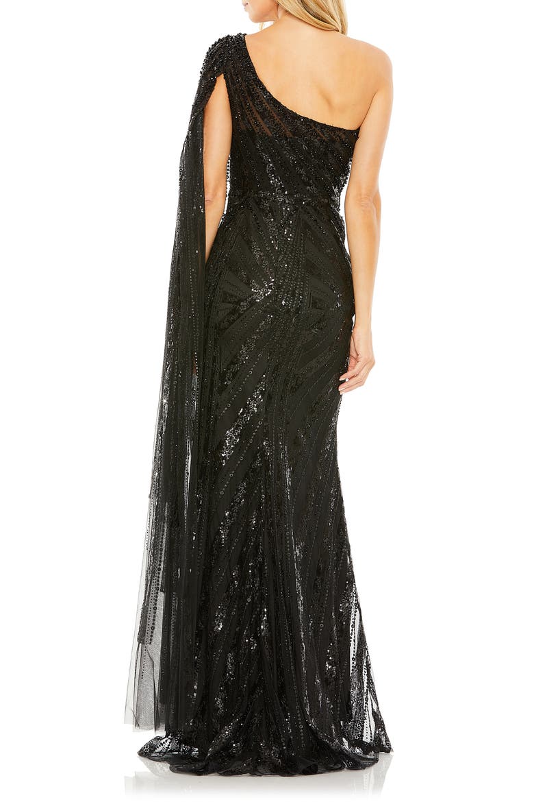 One Shoulder Cape Sleeve Embellished Gown, Alternate, color, BLACK