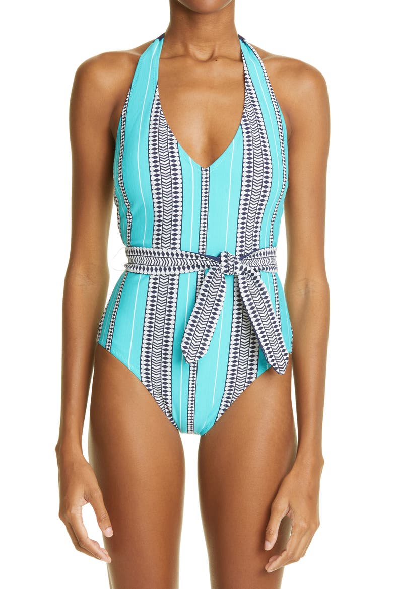 Luchia Belted One-Piece Swimsuit, Main, color, TURQUOISE