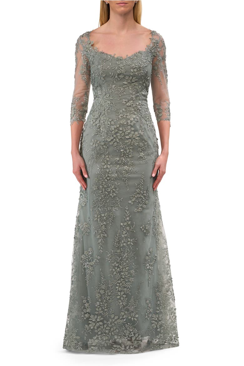 Unique Lace Gown with Square Neckline and Illusion Sleeves, Main, color, Dusty Sage