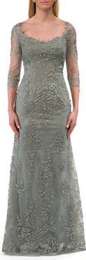 La Femme Unique Lace Gown with Square Neckline and Illusion Sleeves