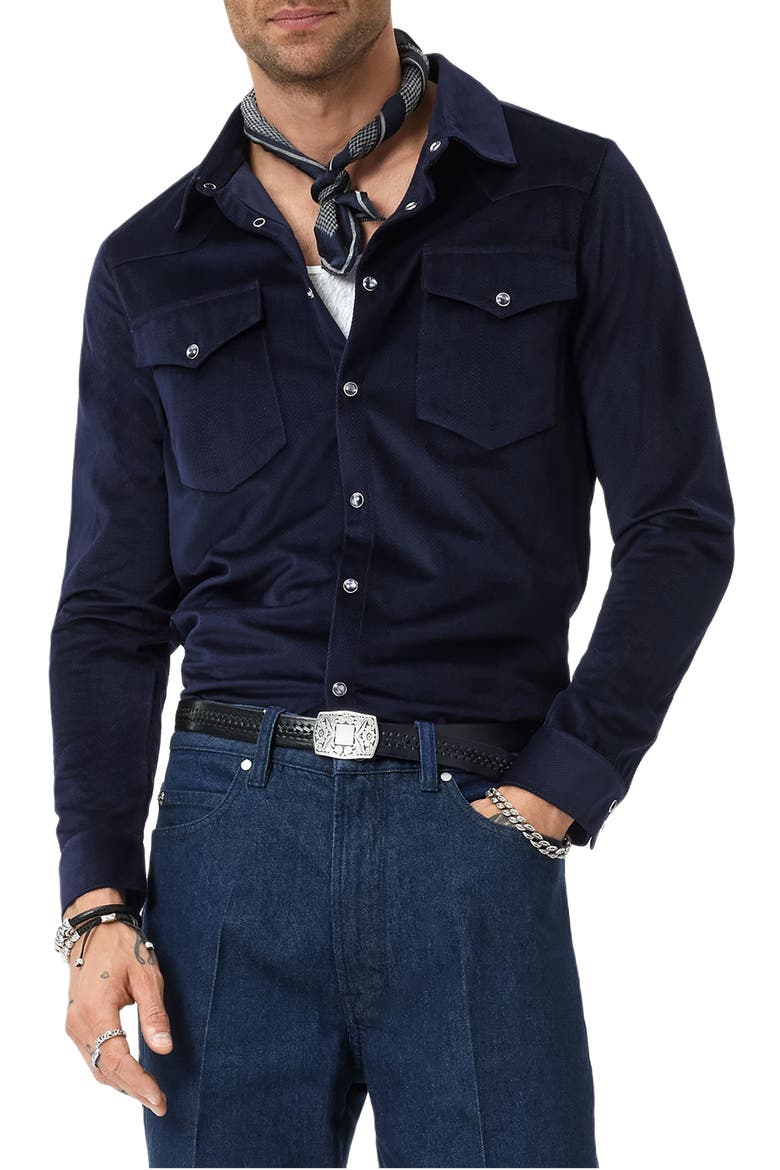 Andres Western Herringbone Faux Suede Snap-Up Shirt, Main, color, NAVY