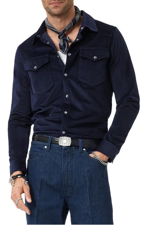 Andres Western Herringbone Faux Suede Snap-Up Shirt