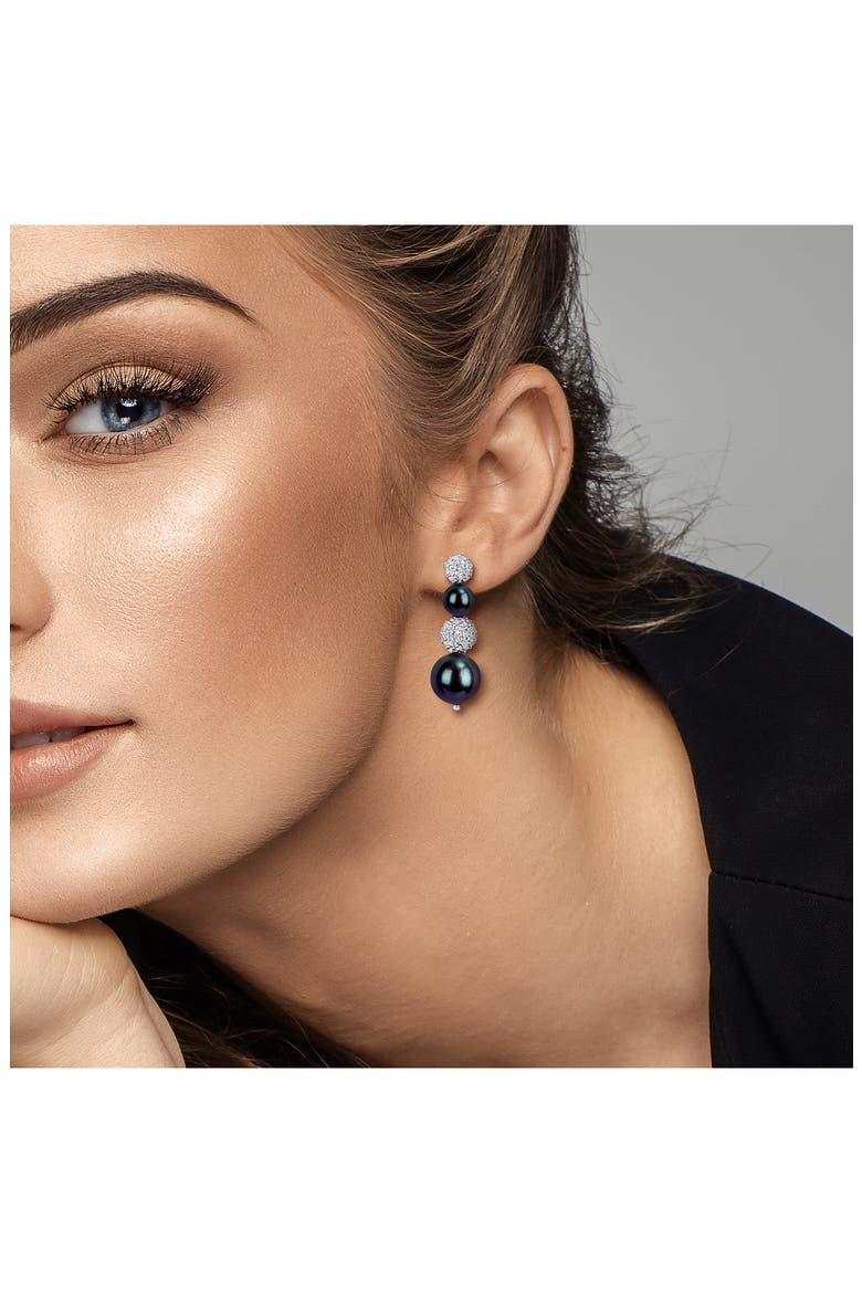 Pavé White Topaz & Cultured Black Freshwater Pearl Drop Earrings, Alternate, color, BLACK
