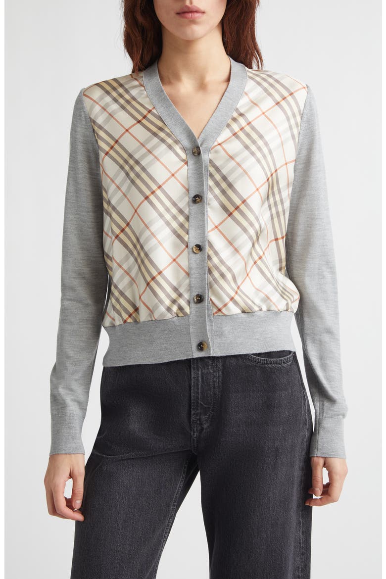 Sigourney Mixed Media Cardigan, Main, color, PEBBLE BEIGE CHECK