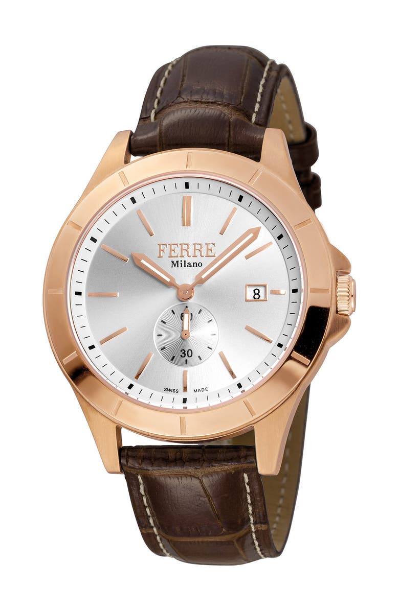 FERRE MILANO Men's Stainless Steel Croc Embossed Leather Watch, 43mm, Main, color,