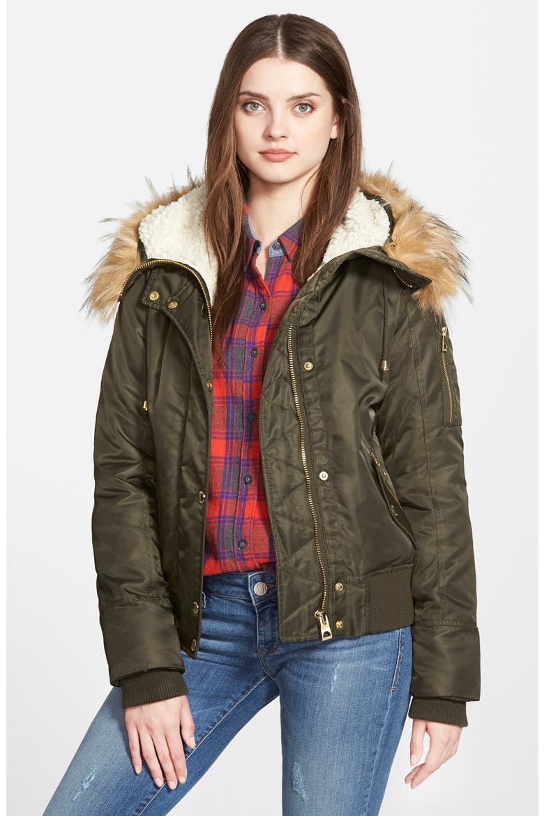 Hooded Satin Bomber Jacket with Faux Fur Trim & Faux Shearling Lining, Main, color, OLIVE