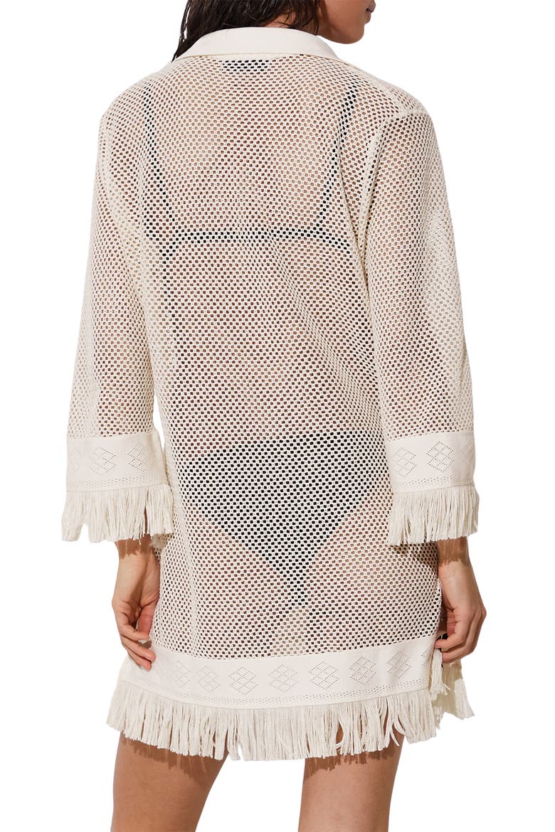 Fabrienne Fringe Long Sleeve Sheer Cover-Up Tunic, Alternate, color, IVORY