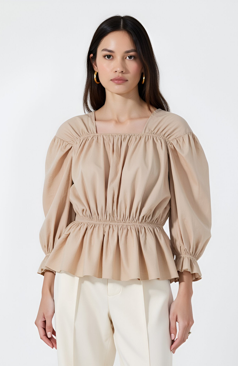 Modenaire Gathered Peplum Tie-Front Puff-Sleeve Blouse, Alternate, color, 