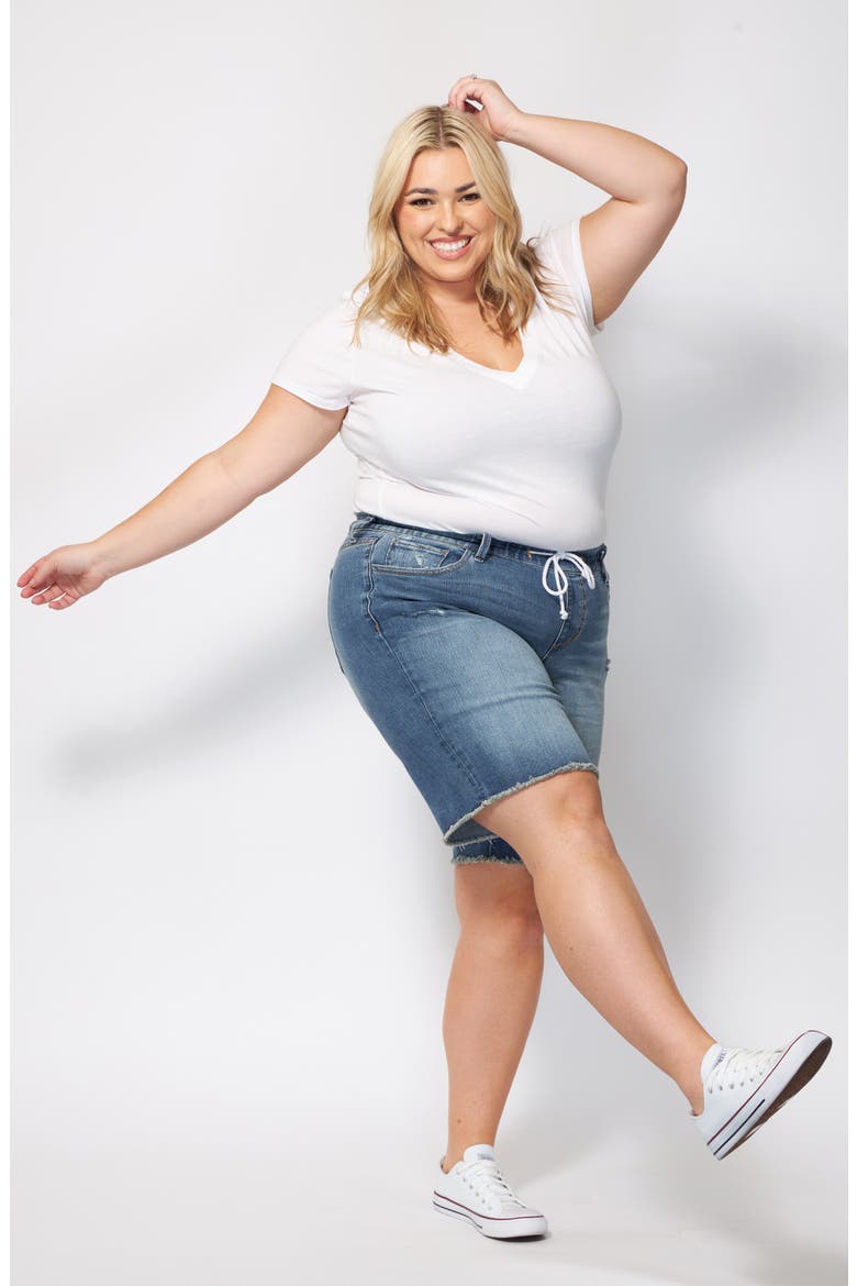 Frayed Hem Denim Bermuda Shorts, Alternate, color, HAZEL