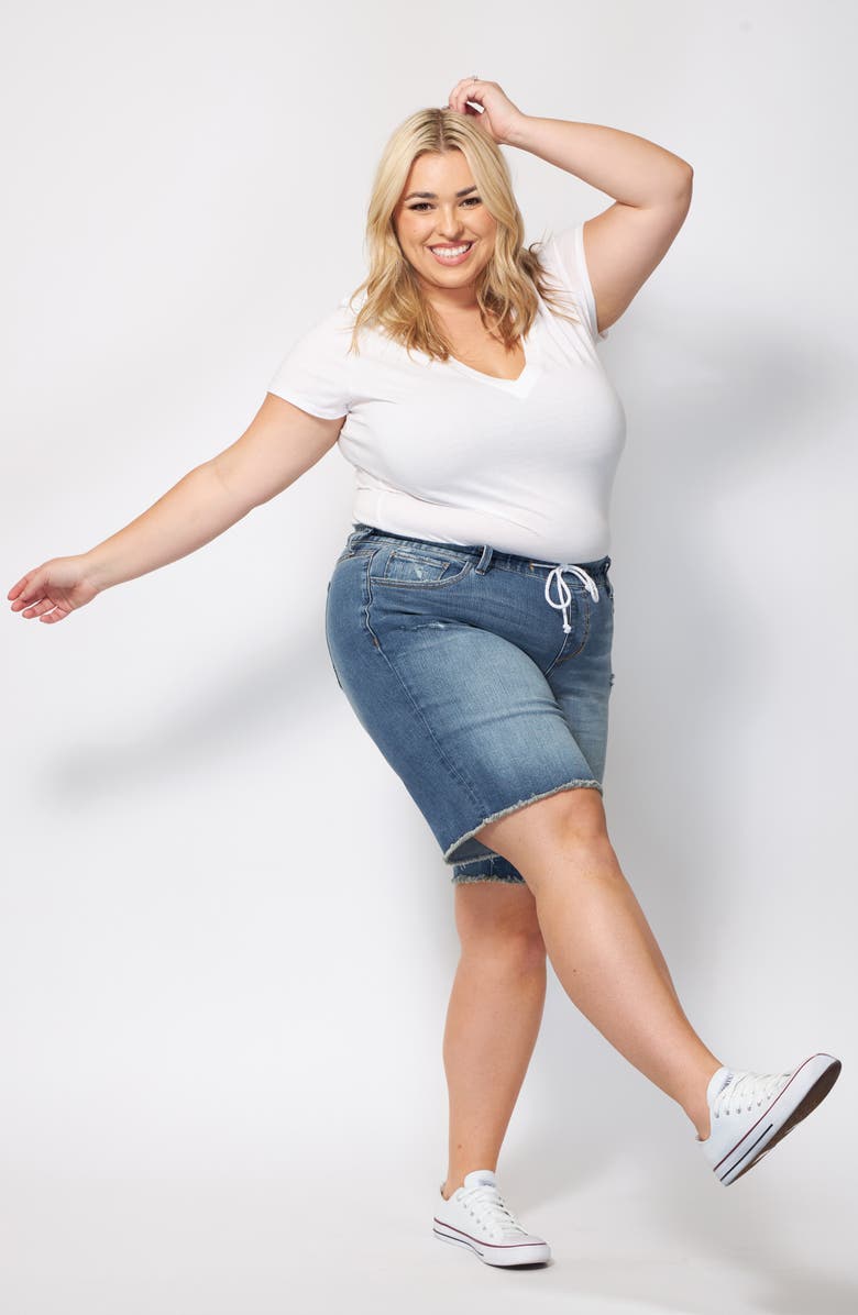 SLINK Jeans Frayed Hem Denim Bermuda Shorts, Alternate, color, Hazel