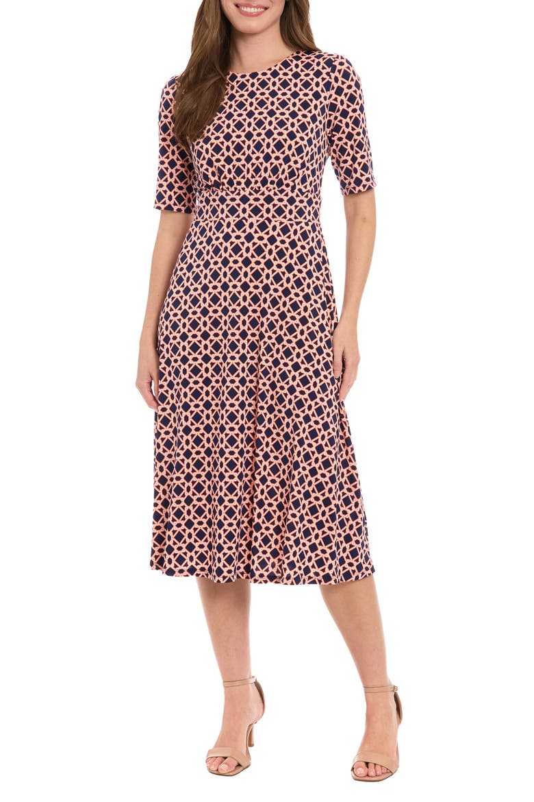 Banded Waist Midi Dress, Main, color, NAVY/ ORANGE