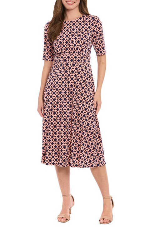 Geo Print Elbow Sleeve Fit & Flare Dress
