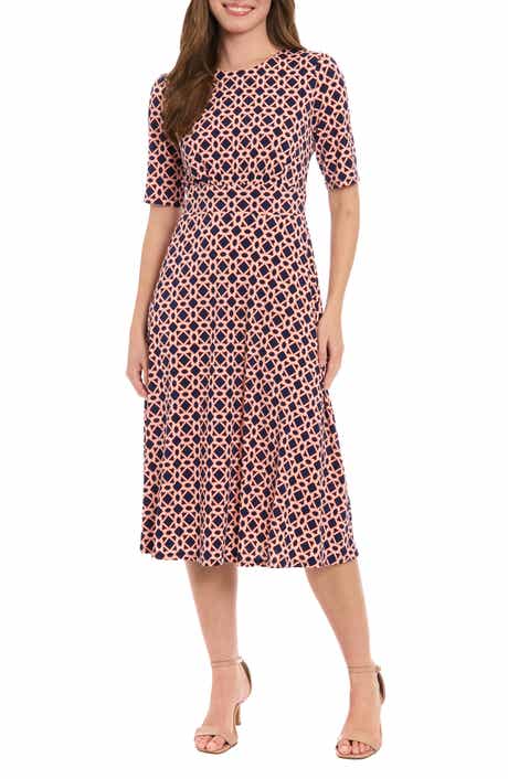 London Times Geo Print Elbow Sleeve Fit & Flare Dress