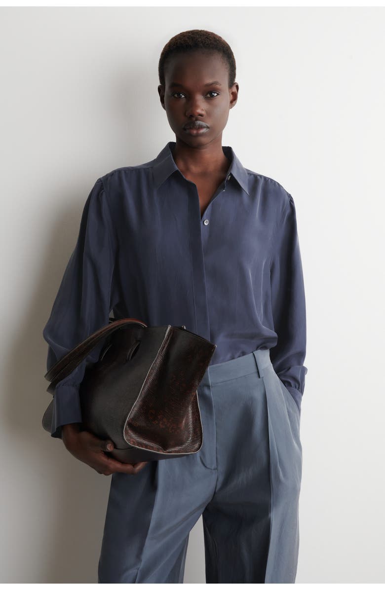 COS Gathered Crinkled-silk Shirt, Main, color, Navy
