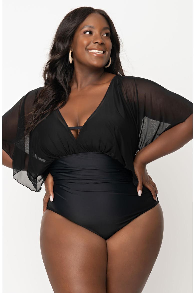 Plus Size Mesh Butterfly Sleeve Torrey One Piece Swimsuit, Main, color, Black