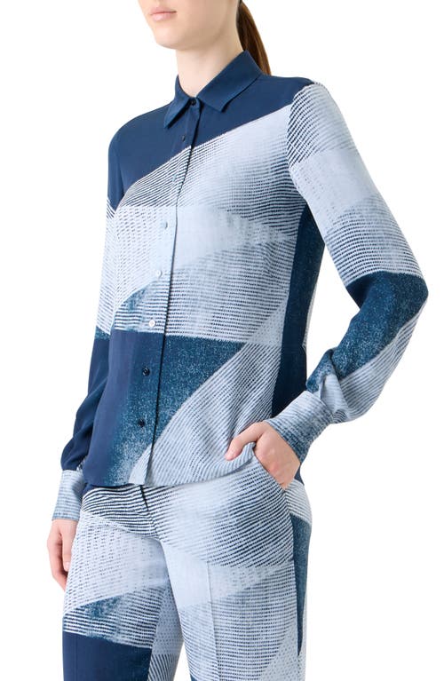 Akris Zigzag Print Silk Crepe Button-down Blouse In Blue
