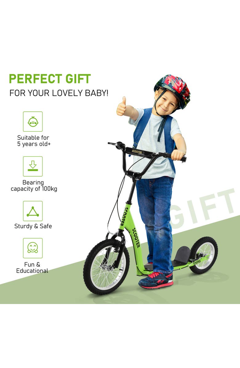 Aosom Youth Kick Scooter with Adjustable Handlebar, Dual Brakes, Inflatable Wheels, Alternate, color, Green