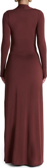 Plunge Neck Long Sleeve Stretch Jersey Maxi Dress