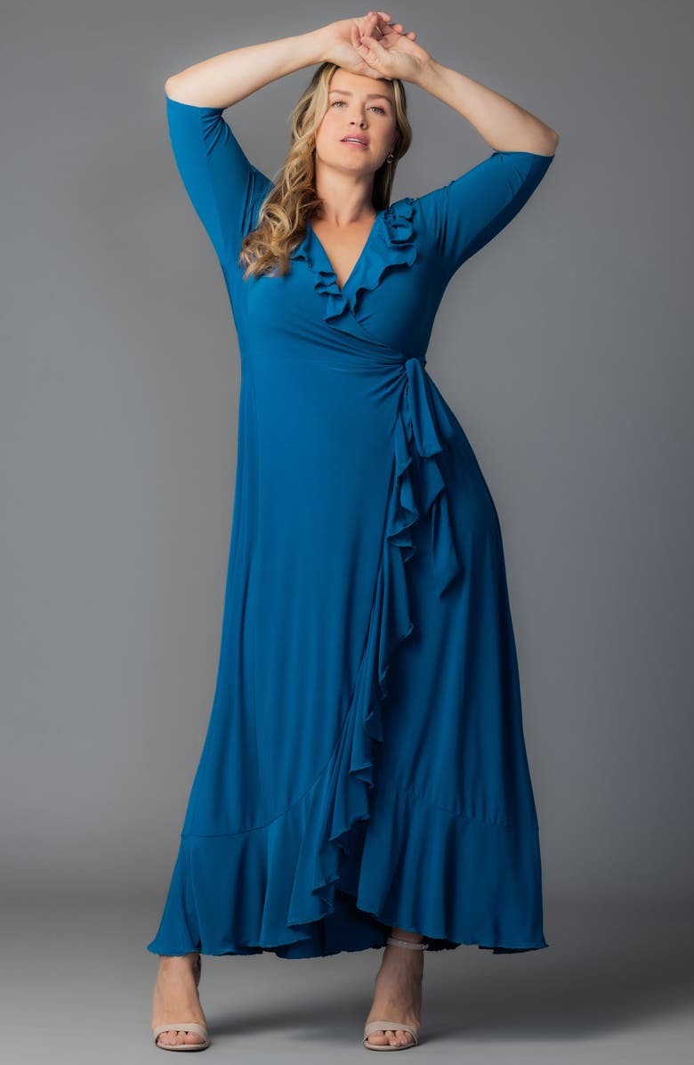 Kiyonna Maritime Ruffle Wrap Maxi Dress, Alternate, color, Aegean Blue