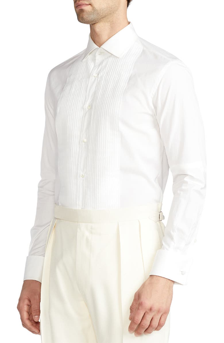 Ralph Lauren Purple Label Aston Pleated Cotton Poplin Tuxedo Shirt, Alternate, color, White