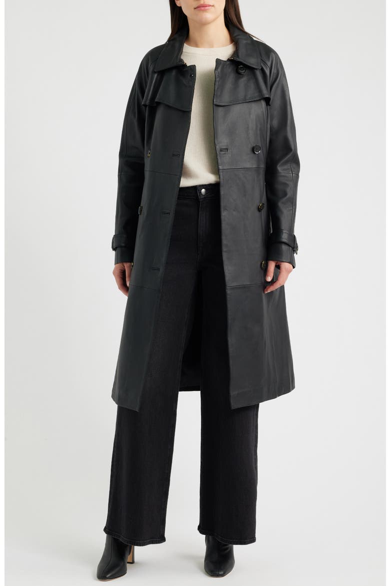Double Breasted Leather Trench Coat, Alternate, color, BLACK