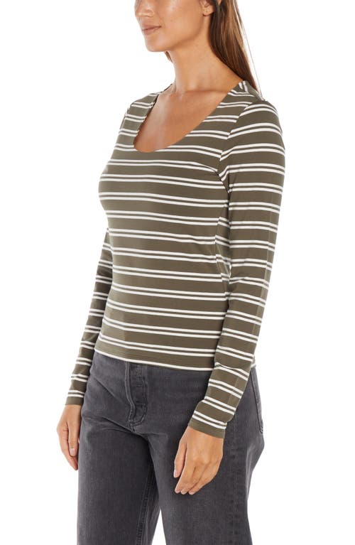 Three Dots Stripe Scoop Neck Stretch Cotton Top In Olive Night/egret Stripe
