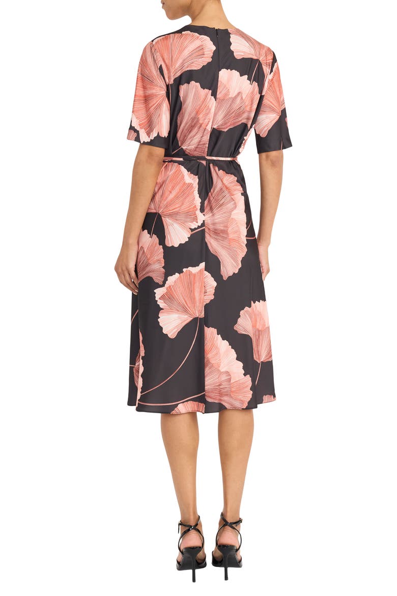 Floral Print Tie Belt Midi Dress, Alternate, color, BLACK/ MELON