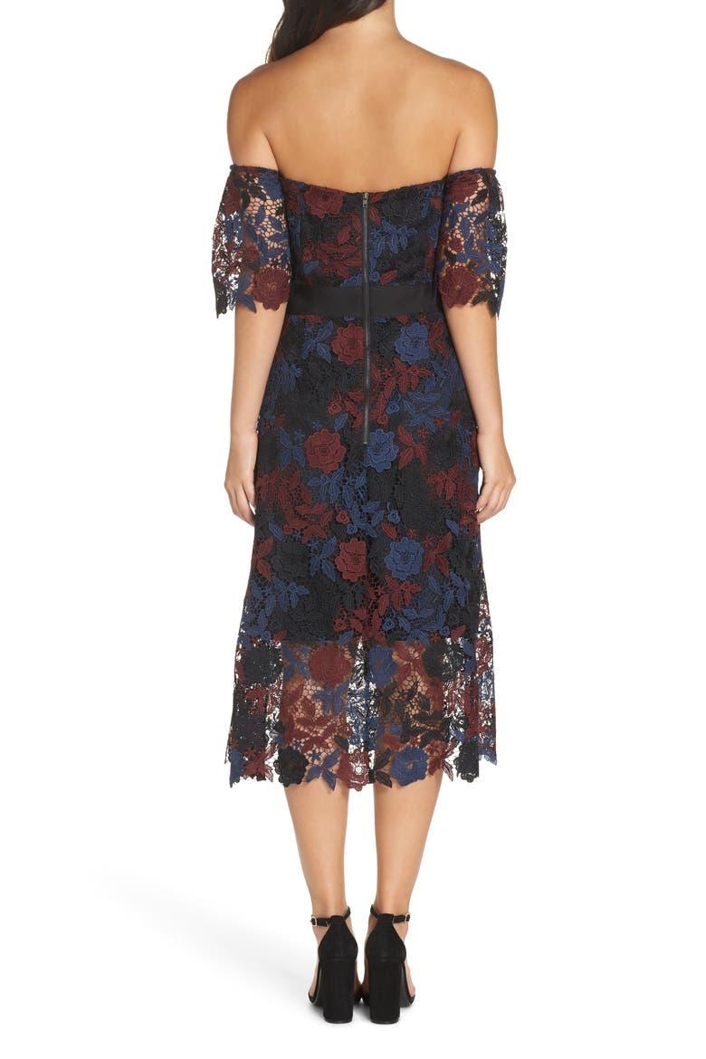 Three-Tone Off the Shoulder Lace Midi Dress, Alternate, color, BLACK MULTI
