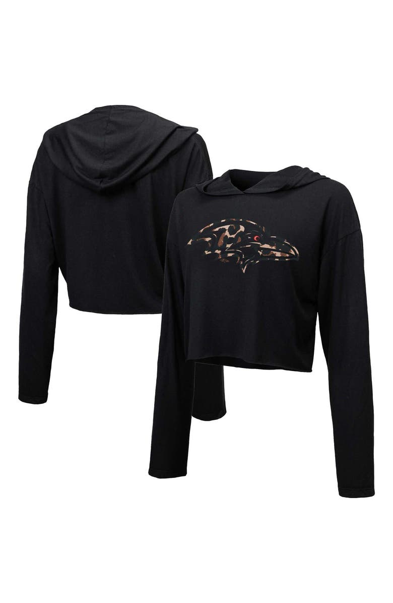 Majestic Threads Women's Majestic Threads Black Baltimore Ravens Leopard Cropped Pullover Hoodie, Main, color,
