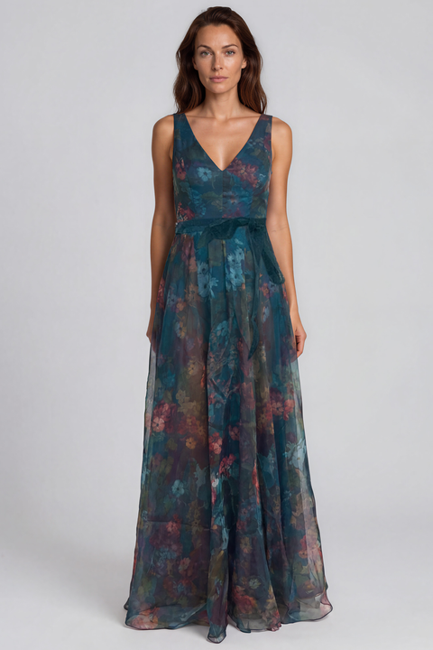 V-Neck Floral Printed Organza Waist Tie A-Line Gown