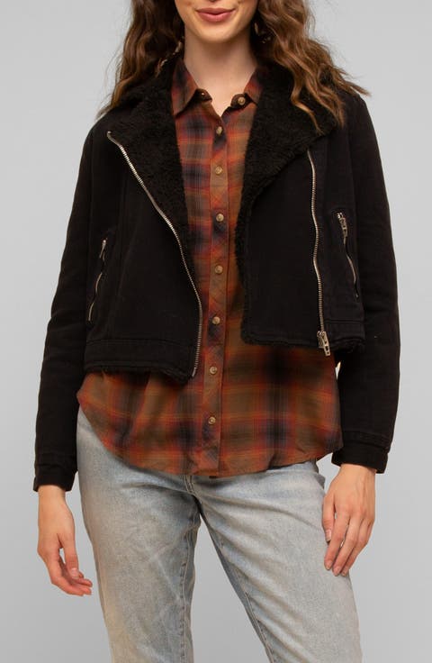 Trina Faux Shearling Lined Twill Moto Jacket