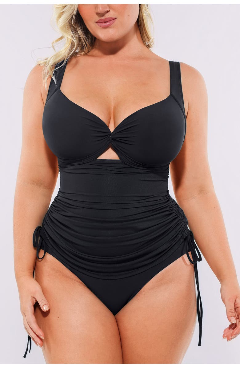 Shapellx Mesh Wrap Tummy Control One Piece Swimsuit, Alternate, color, Black