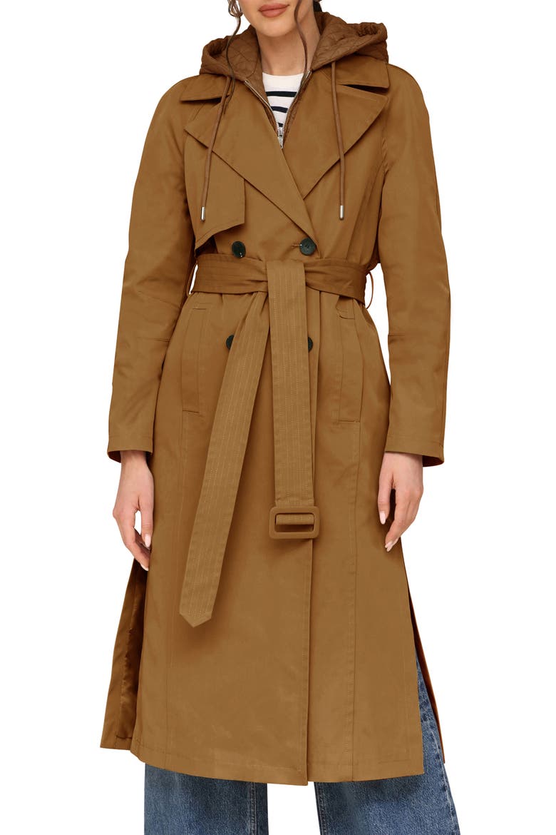 Double Breasted Trench Coat with Hooded Quilted Dickey, Main, color, COCO