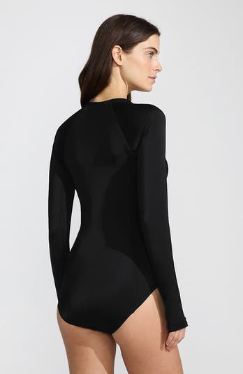 Chlorine Resistant Zip Front Long Sleeve Tugless Sporty One Piece Swimsuit