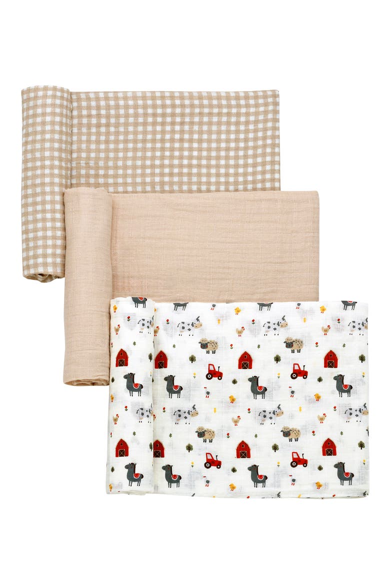3-Pack Farm Animal Cotton Muslin Swaddle Blankets, Main, color, LT/ PASTEL BROWN