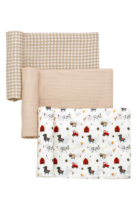 3-Pack Farm Animal Cotton Muslin Swaddle Blankets