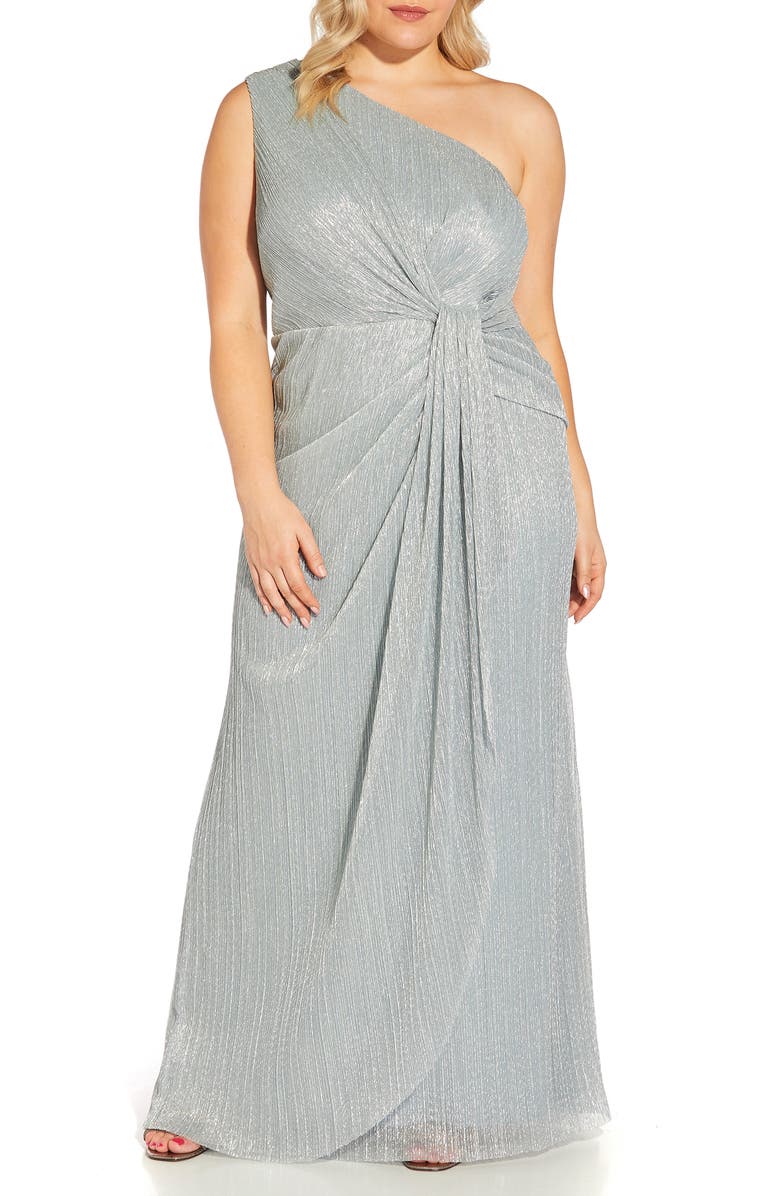 Adrianna Papell Stardust Pleated One-Shoulder Evening Gown, Main, color, 