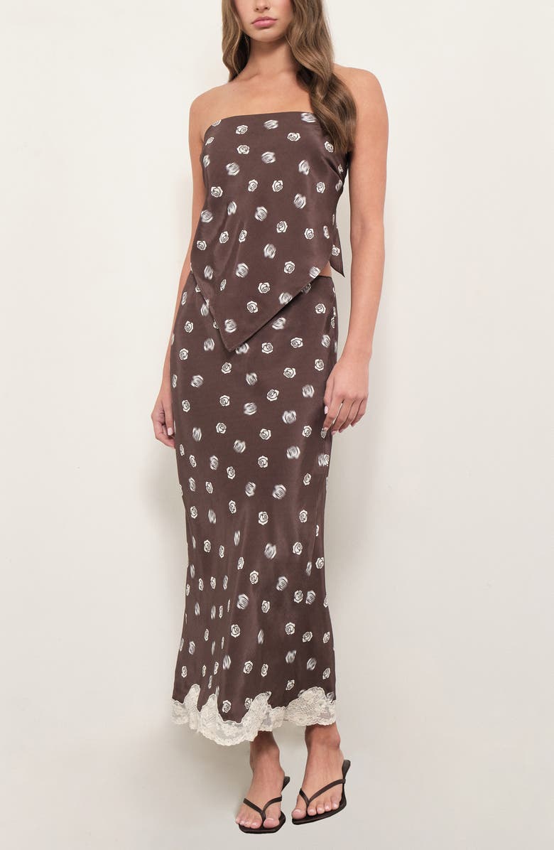 MAUDE CLUB Alexi Floral Print Satin Skirt, Alternate, color, Brown Rose Print