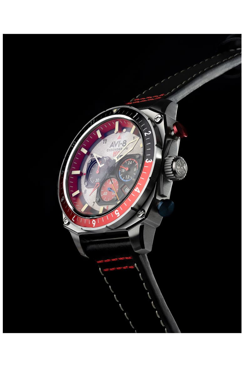 Hawker Hunter Atlas Hazard Red Dual Time Chronograph Leather Strap Watch, 43mm, Alternate, color, GREY