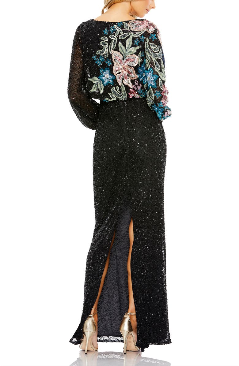 Mac Duggal Floral Embellished Long Blouson Sleeve Sequin Column Gown, Alternate, color, Black Multi