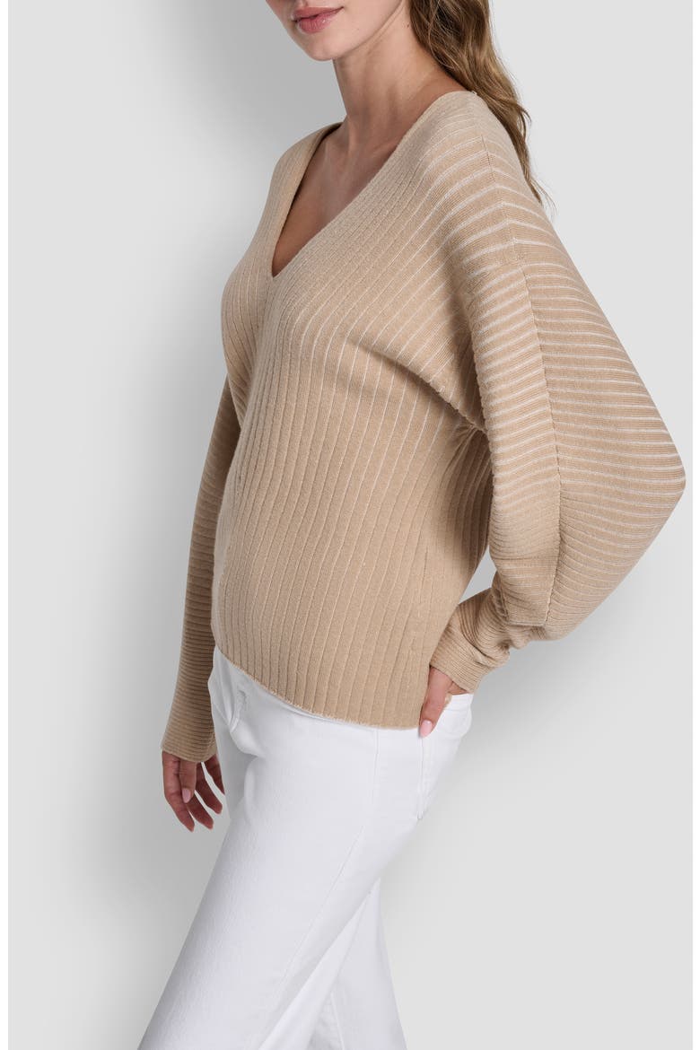 Transfer Rib V-Neck Sweater, Alternate, color, TRAVERTINE/ IVORY