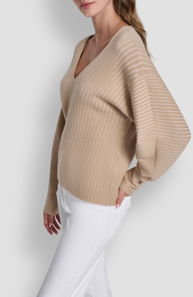 DKNY Transfer Rib V-Neck Sweater, Alternate, color, Travertine/ Ivory