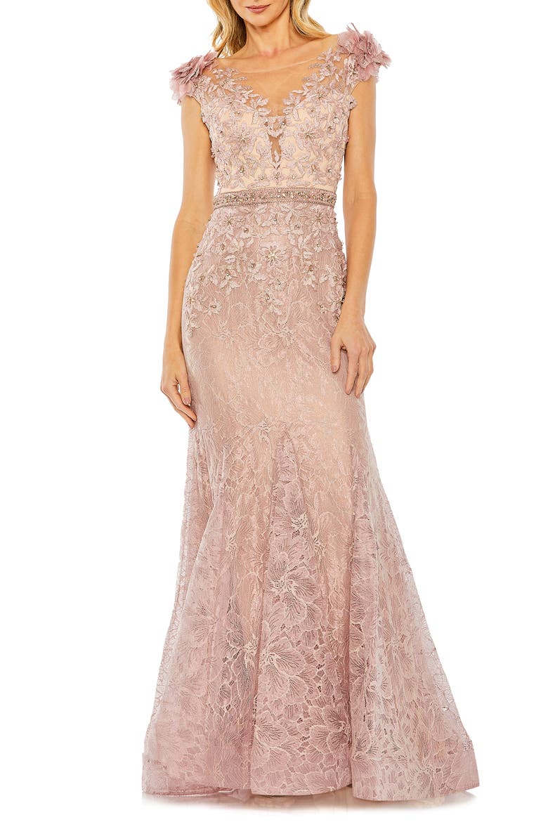 Embroidered Illusion Appliqued Bodice Trumpet Gown, Main, color, MOCHA