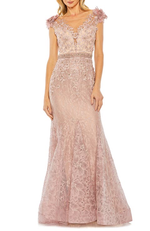 Embroidered Illusion Appliqued Bodice Trumpet Gown